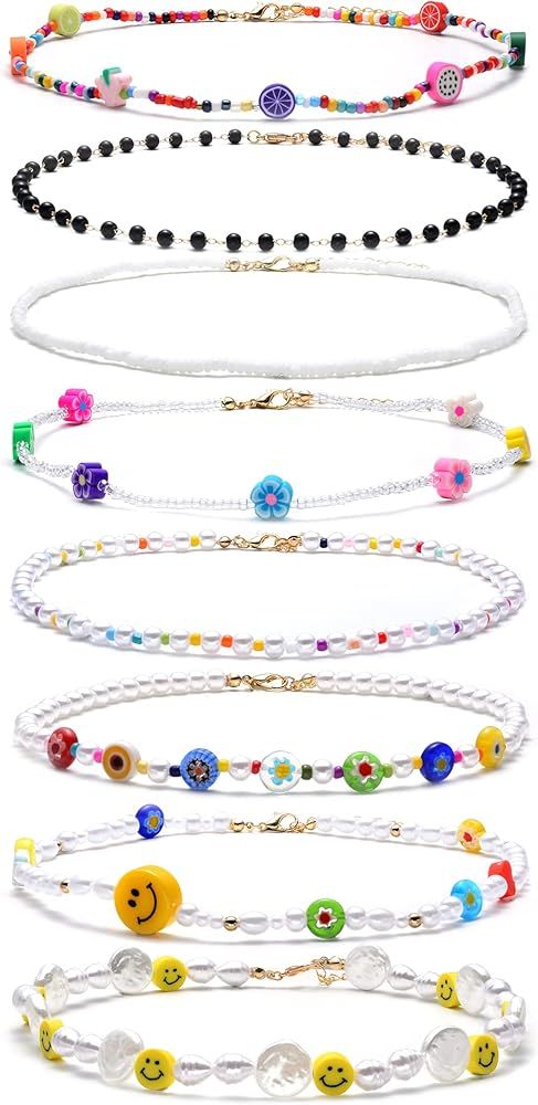 Akeoqi 8 Pieces Choker Necklace Y2K Colorful Cute Boho Glass Bead Handmade Necklace Smiley Face F... | Amazon (US)