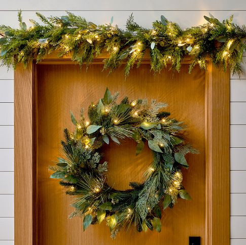 Pre-Lit Faux Mixed Seeded Eucalyptus Wreath &amp; Garland | West Elm (US)