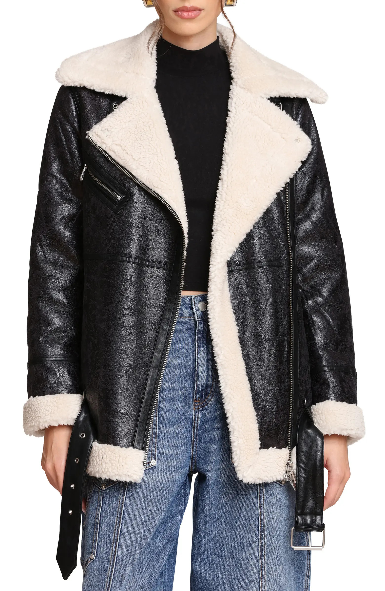 Faux Leather Biker Jacket with Faux Shearling Collar | Nordstrom