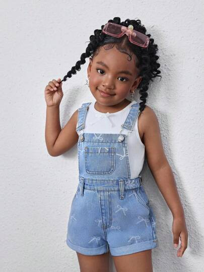 Young Girl Blue Denim Overalls Shorts With Bow Patterns, Spring And Summer Casual Vacation Countr... | SHEIN