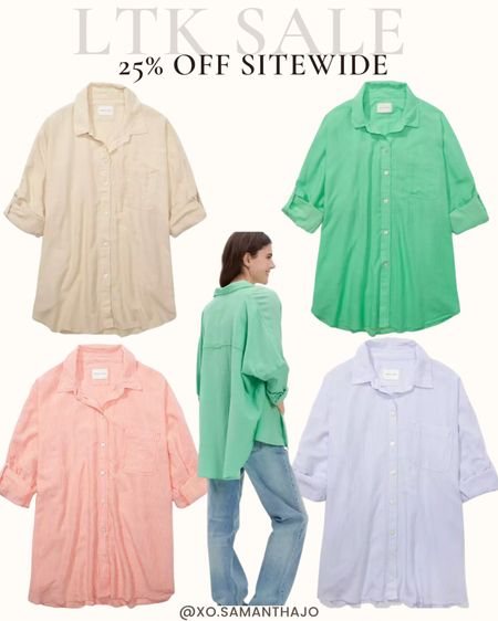 25% off American Eagle for the LTK Sale
These oversized button up shorts are light, long enough to wear with leggings or use as a cover up! I prefer these over the waffle & gauze button ups from Aerie! 

Oversized button up shirt - summer outfits - Kelly green - st Patrick’s day - beach cover ups - vacation outfits 

#LTKsalealert #LTKunder50 #LTKSale