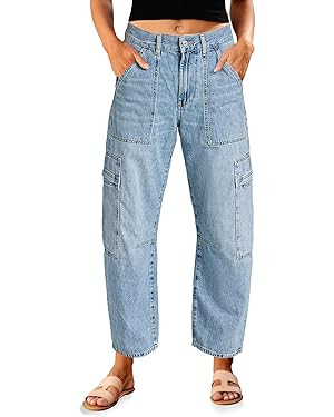 PLNOTME Womens Cargo Barrel Jeans High Waisted Boyfriend Baggy Denim Pants with 6 Pockets | Amazon (US)