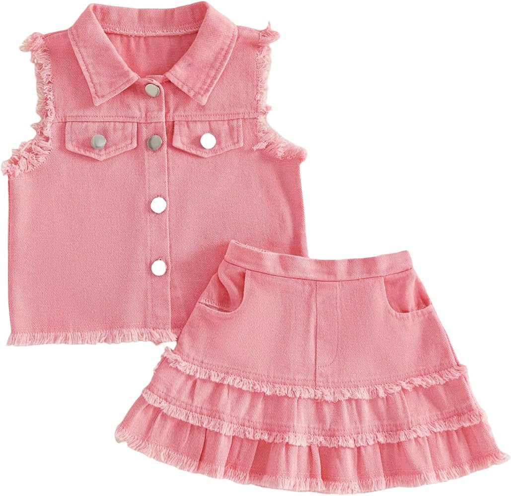 Denim Skirt Set Toddler Girl Jean Jacket Button Down Top and Ripped Jean Skirt Western Clothes Co... | Amazon (US)