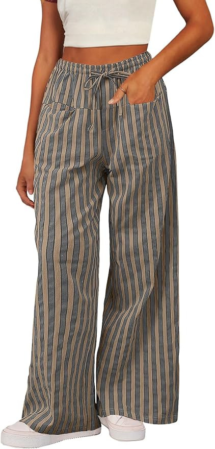 Acelitt Women Casual Drawstring Elastic Waist Loose Wide Leg Striped Pants with Pockets, S-XXL | Amazon (US)