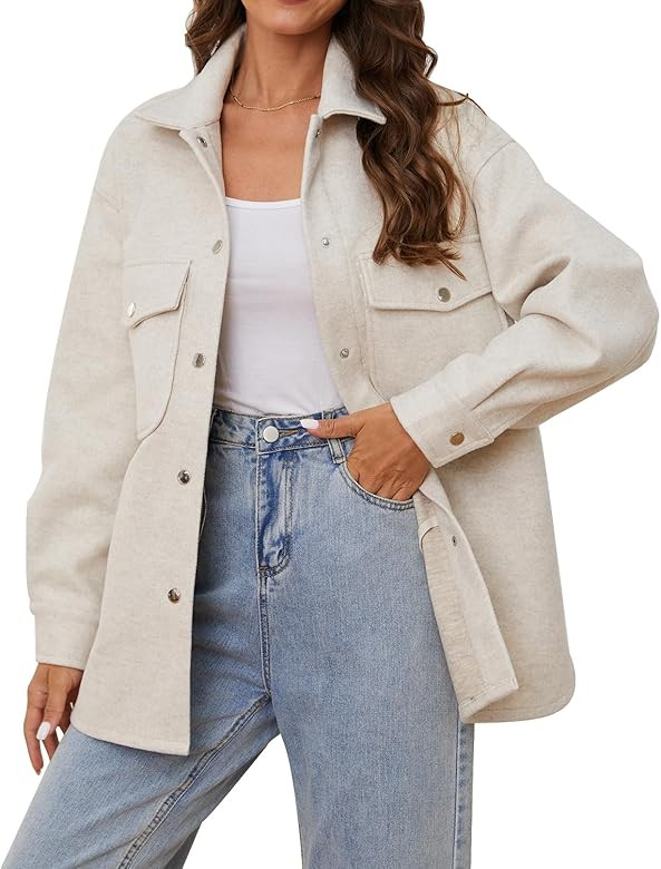 OSTOO Women's 2024 Oversized Lightweight Long Sleeves Shacket Jacket Button Down Wool Blend Coats... | Amazon (US)