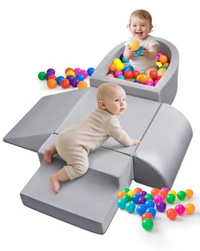 Auksay Baby Climbing Blocks, Soft Play Set for Crawling Baby 6-12 Months, Anti-Slip Particles Bottom & Velcro Connectors, High-Density Foam Gym with Soft Fabric Cover (Balls not Included) (Grey) | Amazon (US)