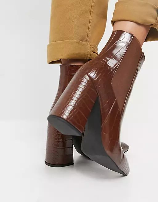 Simmi London Wide Fit block heeled ankle boots in tan croc | ASOS (Global)