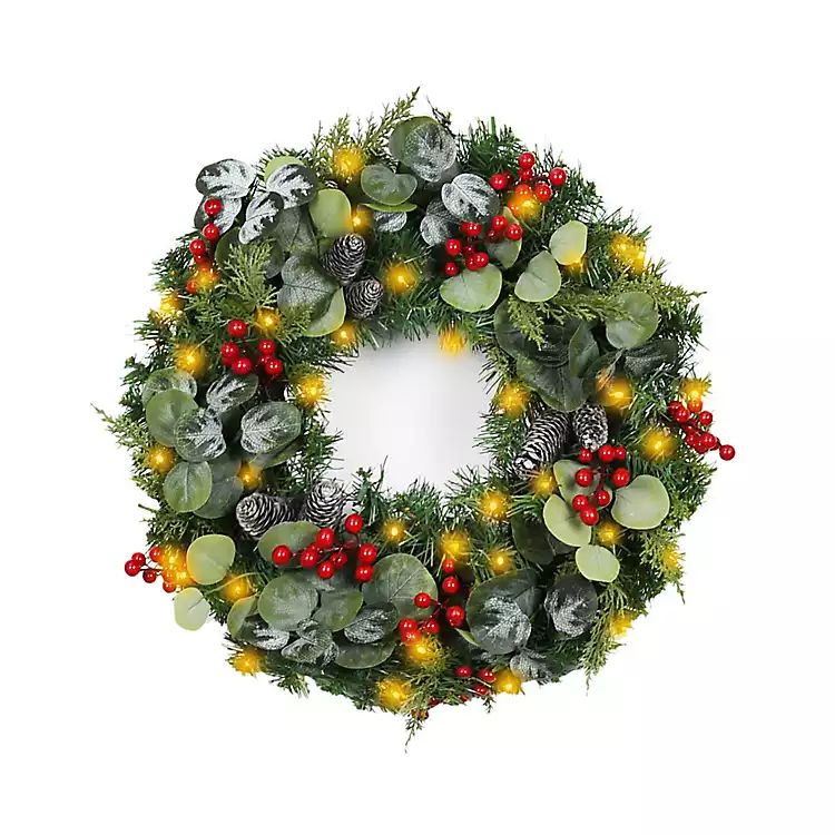 White Tip Pinecone and Eucalyptus Pre-Lit Wreath | Kirkland's Home