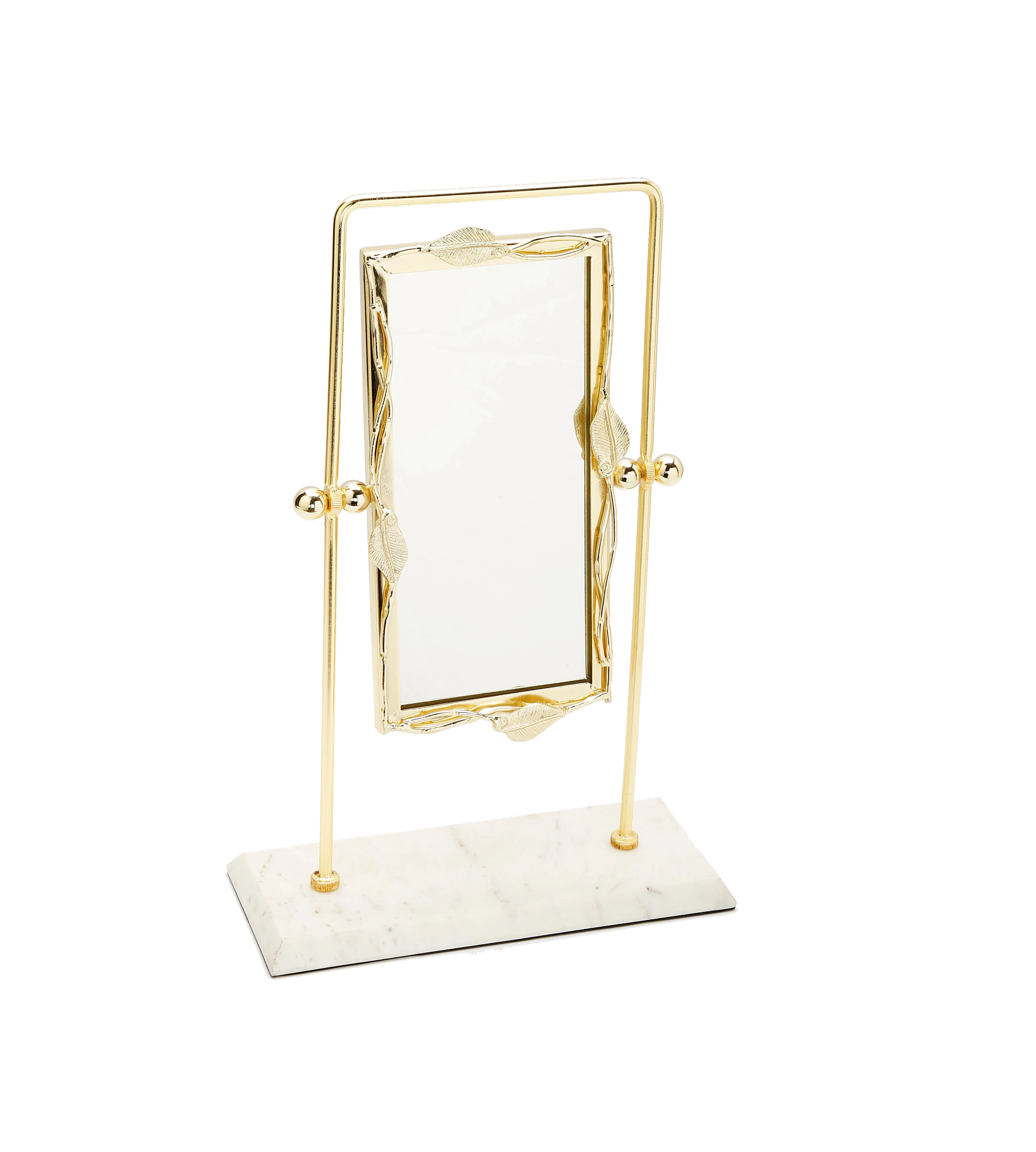 Rectangular Table Mirror Gold Leaf Border White Marble Base | Shop Simon