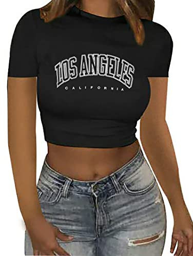 Womens Graphic Crop Top Short Sleeve Los Angeles Baby Tees Fairy Grunge Summer T-Shirt Letter Black Large | Amazon (US)