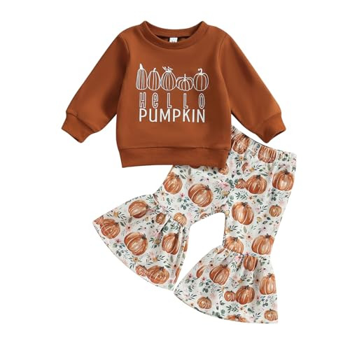 Kupretty Baby Girl Fall Winter Clothes Pumpkin Patch Crewneck Sweatshirts Flare Pants Set Toddler Halloween Outfits (Brown, 2-3T) | Amazon (US)