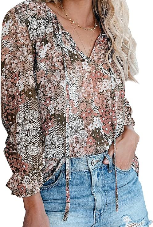 FARYSAYS Women's Casual Boho Floral Print V Neck Short Sleeve Shirts Tops Loose Blouses | Amazon (US)