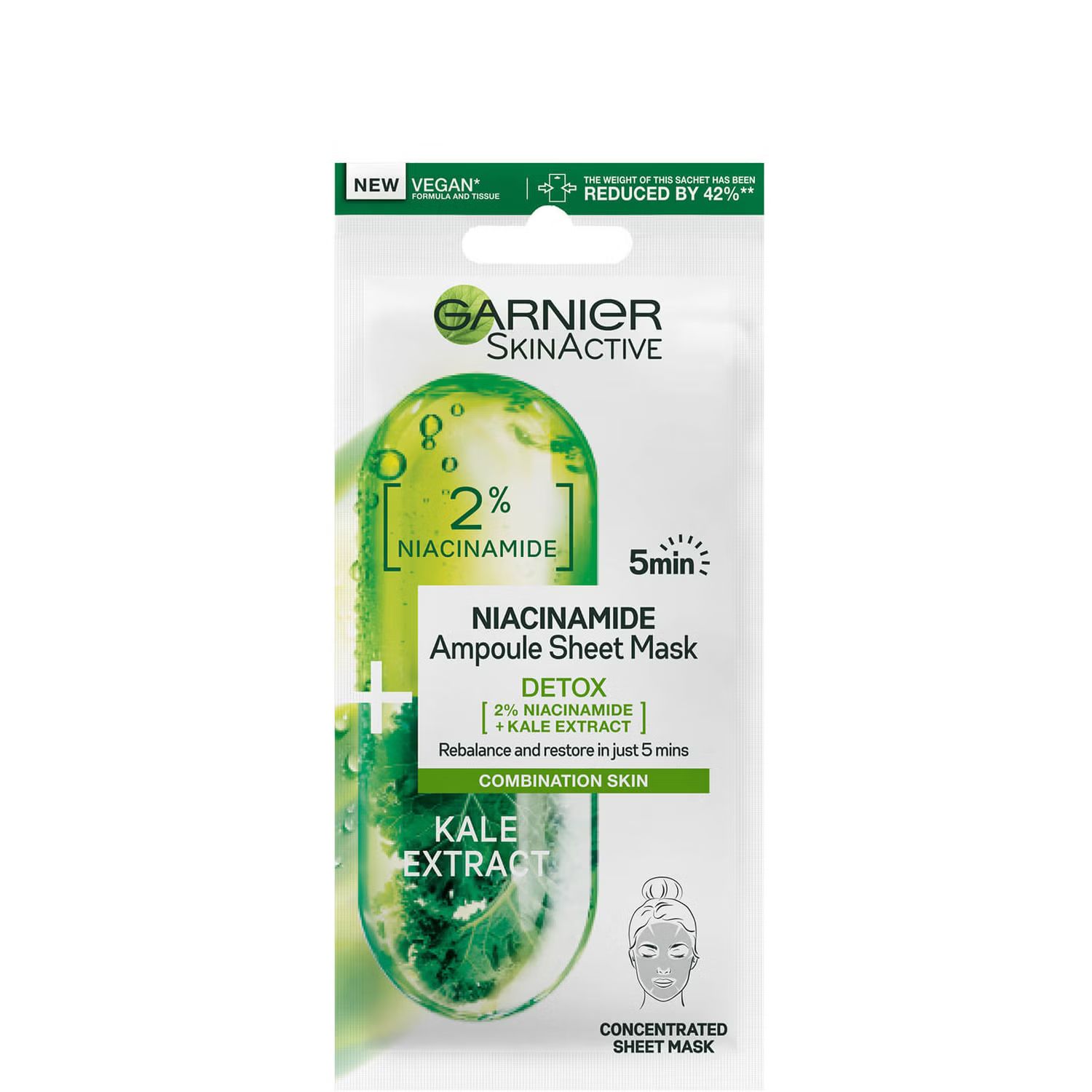 Garnier SkinActive Detox Ampoule Sheet Mask - Kale and 2% Niacinamide 15g | Look Fantastic (UK)