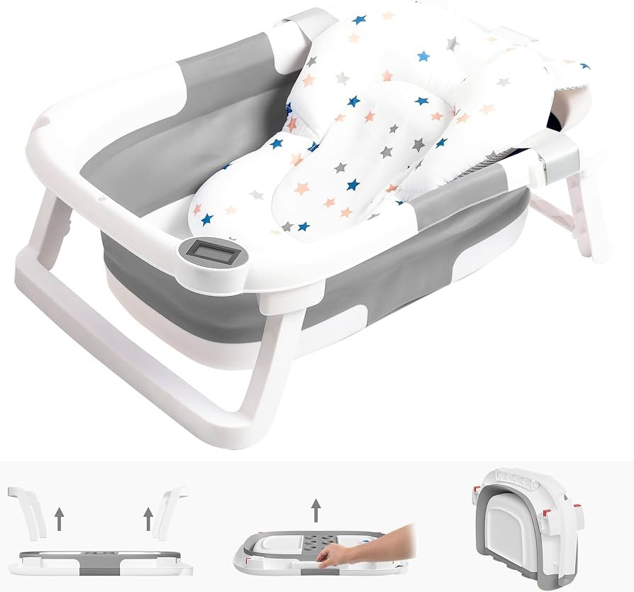 Collapsible Baby Bathtub,Baby Bath Tub with Soft Cushion & Thermometer,Baby Bathtub Newborn to To... | Amazon (US)