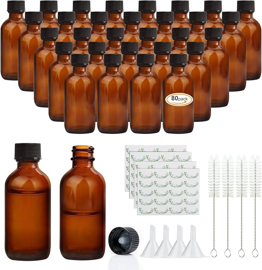 2 oz Amber Glass Bottles, Small Boston Round Glass Bottles (80 Pack) with Leak-proof Caps, Refill... | Amazon (US)
