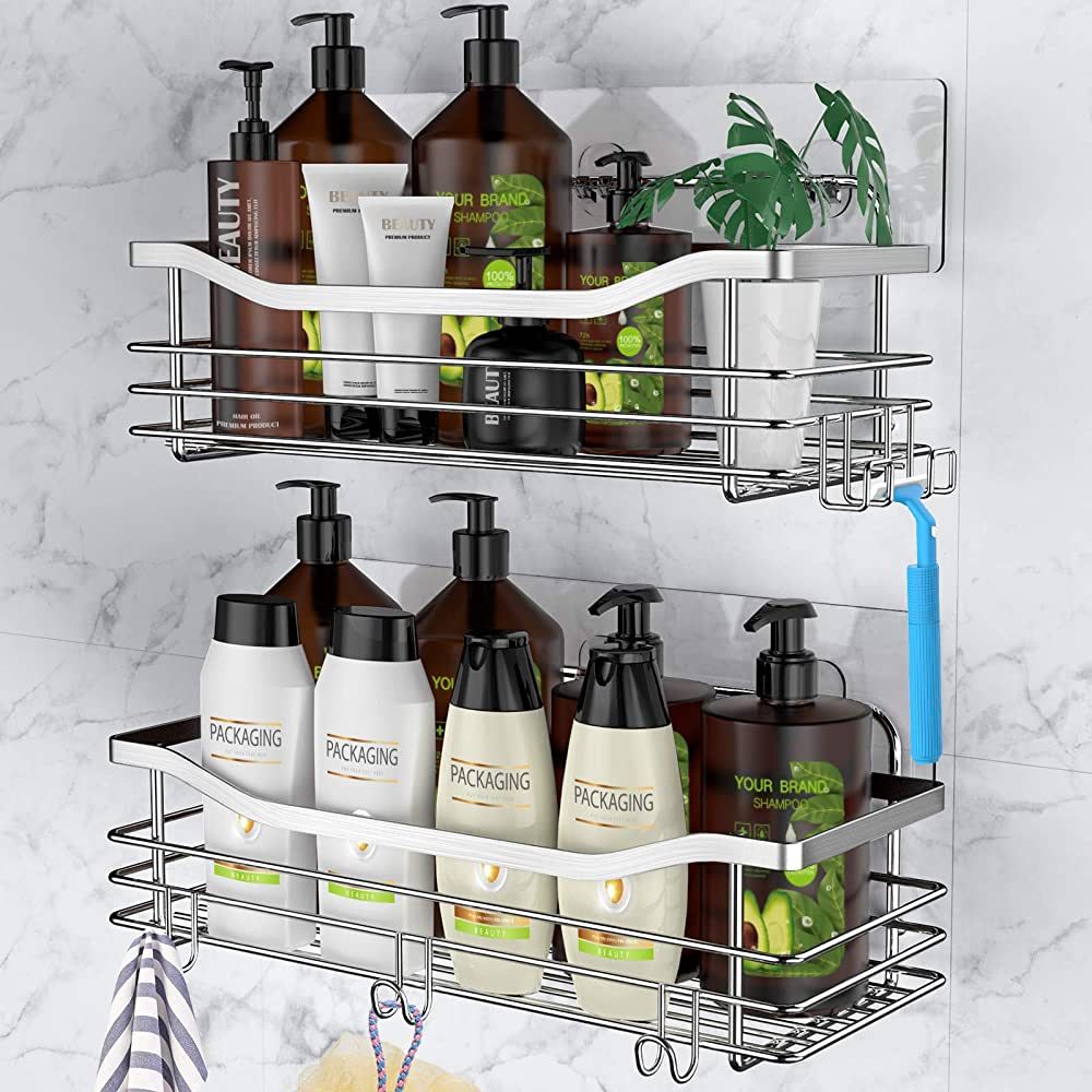 Orimade Adhesive Shower Caddy Basket Shelf with 5 Hooks Organizer Storage Rack Rustproof Wall Mounte | Amazon (US)