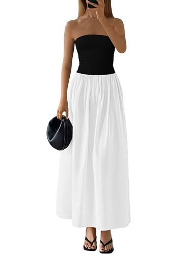 PRETTYGARDEN Women 2025 Summer Elegant Strapless Maxi Dress Tube Top Dress A Line Flowy Long Wedding Party Cocktail Dresses(Black White,XX-Large) | Amazon (US)
