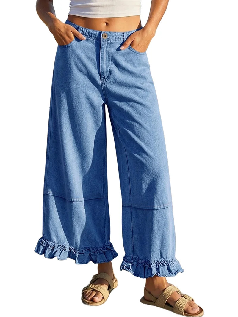 Women Ruffle Patchwork Wide Leg Casual Denim Pants Ankle Jeans | Walmart (US)