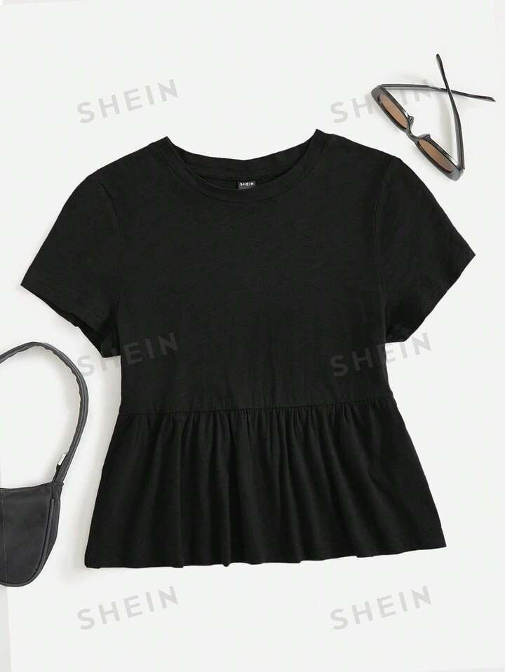 SHEIN EZwear Solid Ruffle Hem Tee | SHEIN