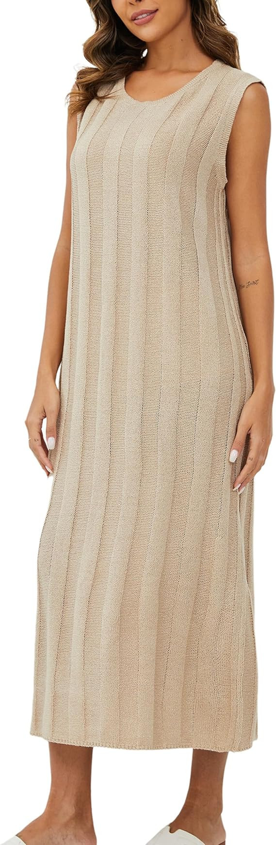 SAFRISIOR Women Sleeveless Sweater Midi Dress Scoop Neck Loose Fit Knitted Dress Solid Casual Tan... | Amazon (US)