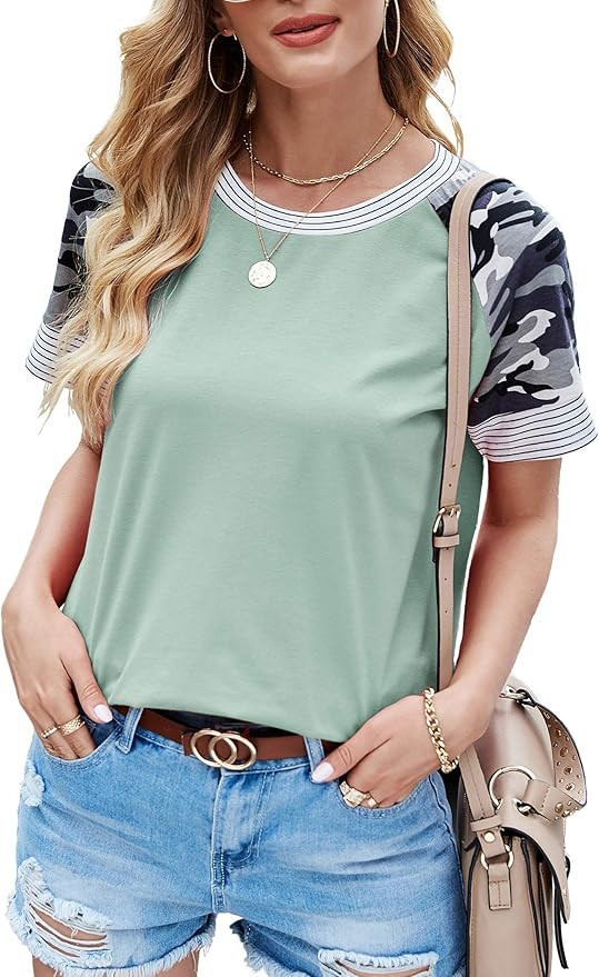 Aifer Women's Summer Tops Color Block Tunics Casual Short Sleeve T Shirt Camo Striped Blouse Tops | Amazon (US)