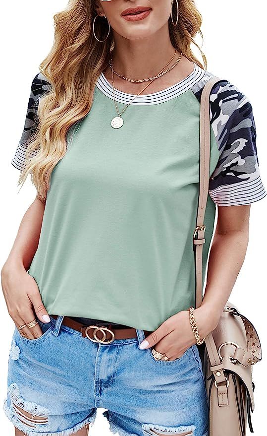 Aifer Women's Summer Tops Color Block Tunics Casual Short Sleeve T Shirt Camo Striped Blouse Tops | Amazon (US)