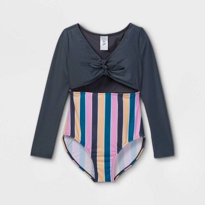 Girls' Stirped Tie-Top Long Sleeve One Piece Swimsuit- art class™ | Target