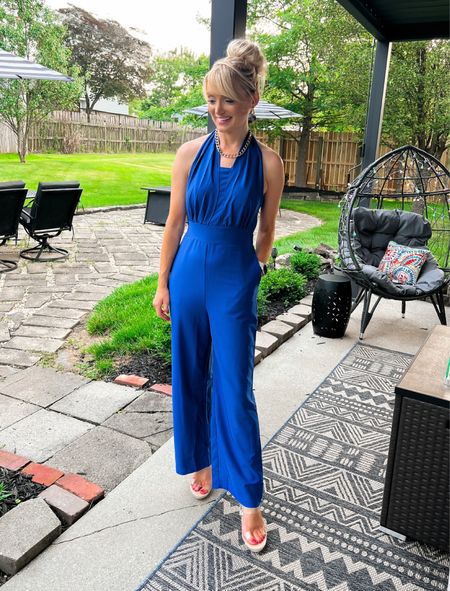 Blue halter jumpsuit only $36.99 with a 10% coupon! Other colors available. True to size. I am in a size small! - clear heels - date night outfit - going out outfit - girls night out outfit - vintage style - Amazon fashion - Amazon finds - Amazon deal - Amazon deals - Amazon coupon - Amazon coupons 

#LTKunder50 #LTKstyletip #LTKSeasonal