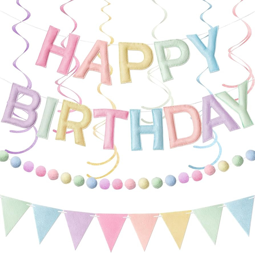 Kriyokiaa Pre-Strung Felt Happy Birthday Banner Pastel Happy Birthday Party Decorations with Pom ... | Amazon (US)