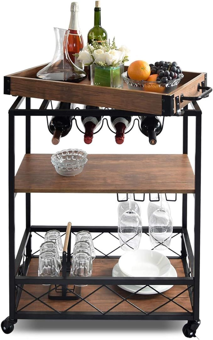 NSdirect Kitchen Cart,Kitchen Bar&Serving Cart Rolling Utility Storage Cart with 3-Tier Shelves,M... | Amazon (US)