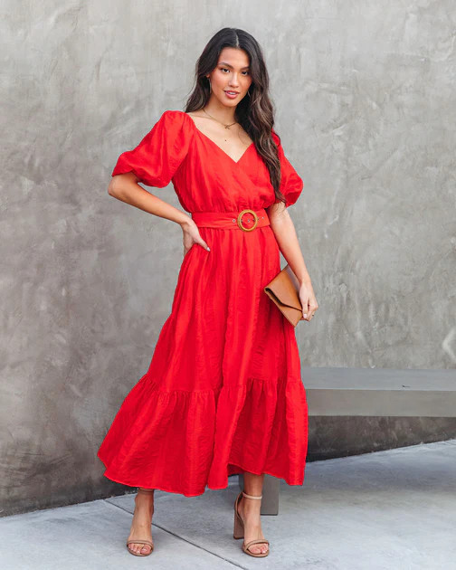 Under The Tuscan Sun Puff Sleeve Belted Midi Dress - Red | VICI