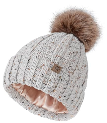 Creekstone Satin Lined Beanie Hats, Pom Pom Beanie for Women Girls, Warm Winter Hat Knit Ski Hats with Faux Fur Pompom (US, Alpha, One Size, Oatmeal) | Amazon (US)
