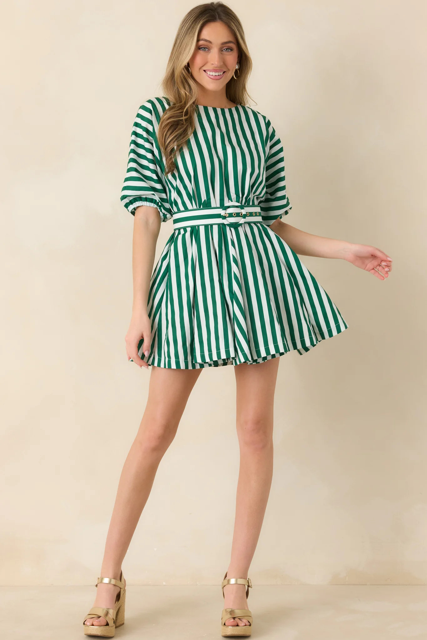 Prosperina Fallon Green Stripe Cotton Swing Dress | Red Dress