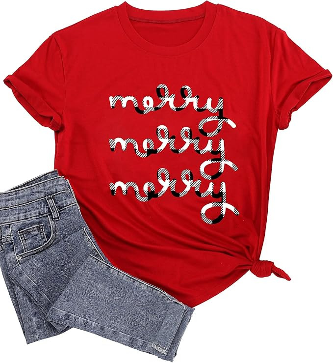 Christmas Shirts Womens Merry and Bright Shirt Xmas Holiday Tshirt Christmas Lights Tee Tops | Amazon (US)