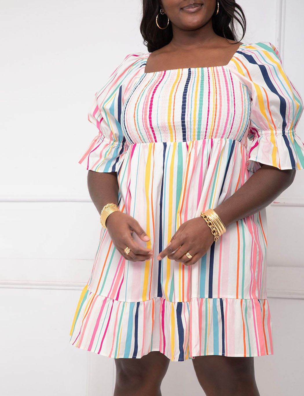 ELOQUII Elements Puff Sleeve Smocked Bodice Dress | Eloquii