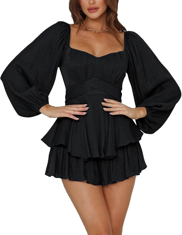 LYANER Women's Jumpsuit Lantern Long Sleeve Ruffle Layer Tie Mini Short Romper | Amazon (US)