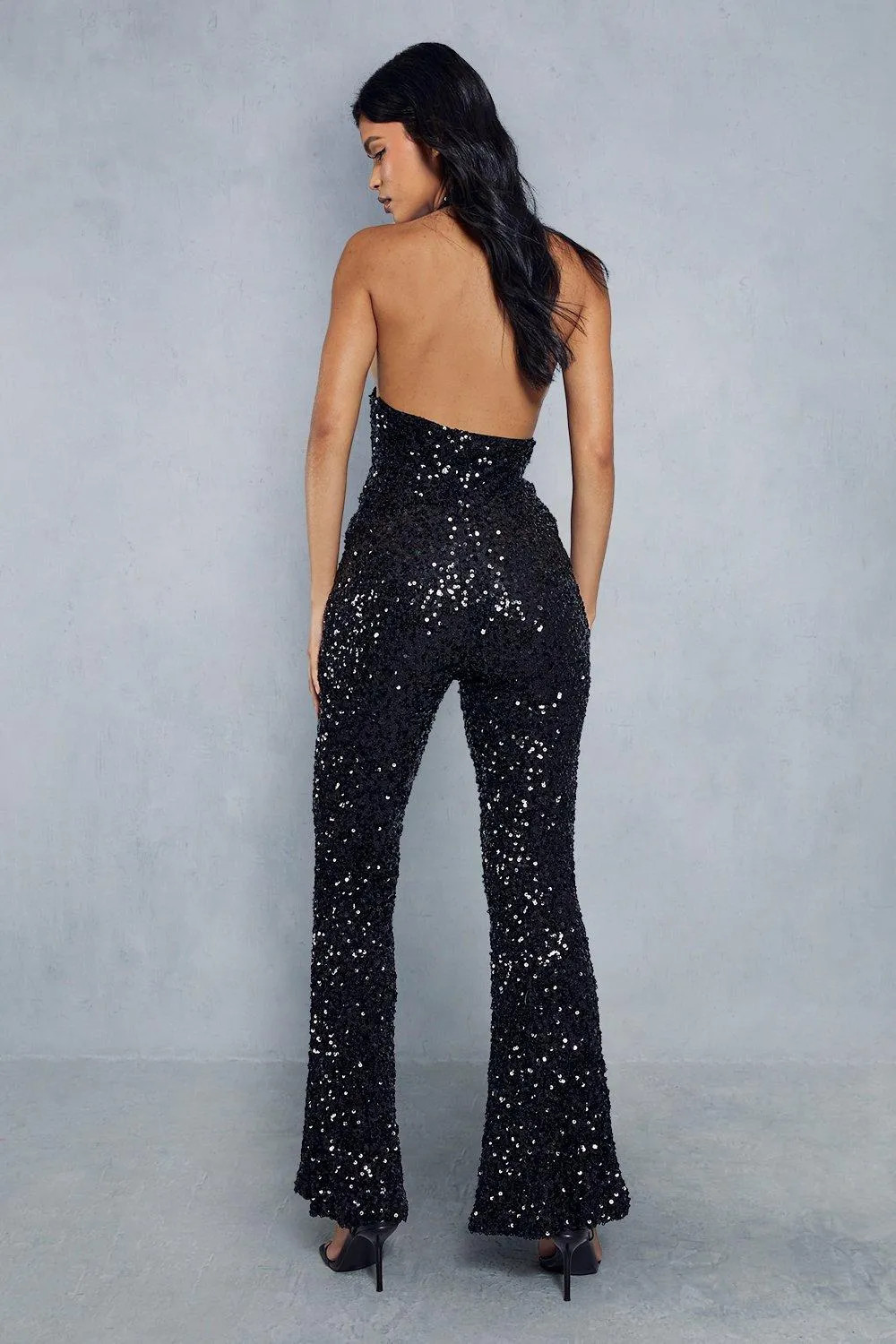 Sequin Halter Neck Cowl Back Flared Leg Jumpsuit | Debenhams UK