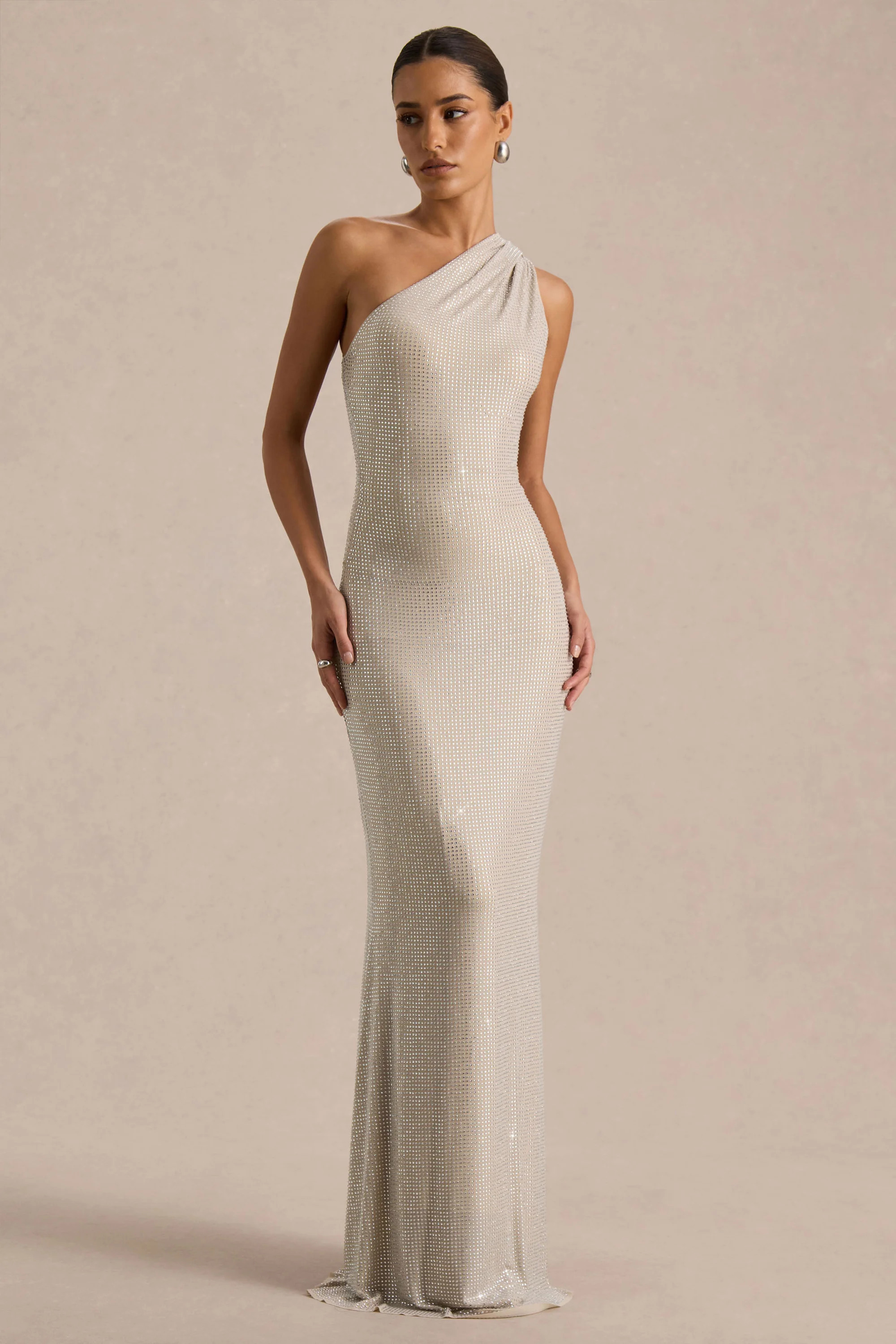 Deity | Silver Asymmetric-Neck Maxi Dress With Open-Back | Club L London