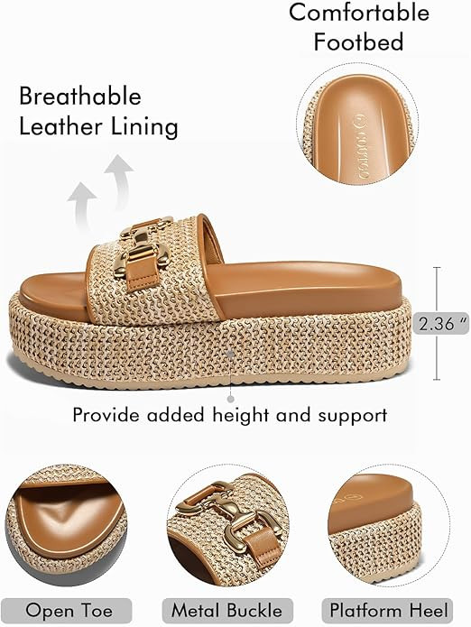 Coutgo Womens Platform Sandals Raffia Espadrilles Metal Chain Slip on Open Toe Cute Beach Slide S... | Amazon (US)