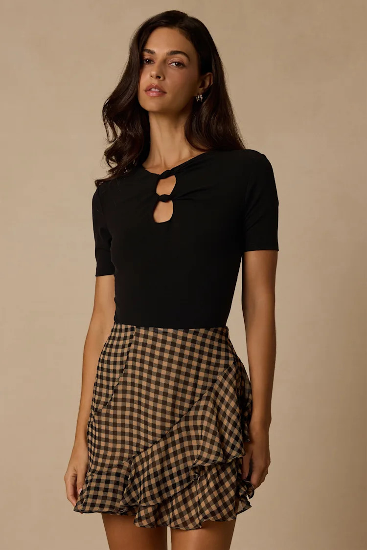 Noelle Tan and Black Gingham Ruffled Mini Skirt | Lulus