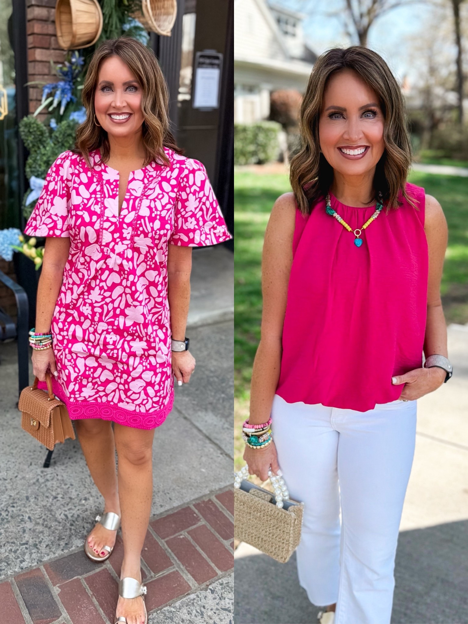 Pink dress & top both run true to size 
Use code LAURA10 on both!

Size down in white jeans - they run big!

Use code LAURA20 on my bracelets and necklace 

#LTKootd #LTKOver40 #LTKSeasonal
