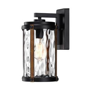 1-Light Hardwired Outdoor Wall Lantern Sconce with Water Glass and Black Wood | The Home Depot