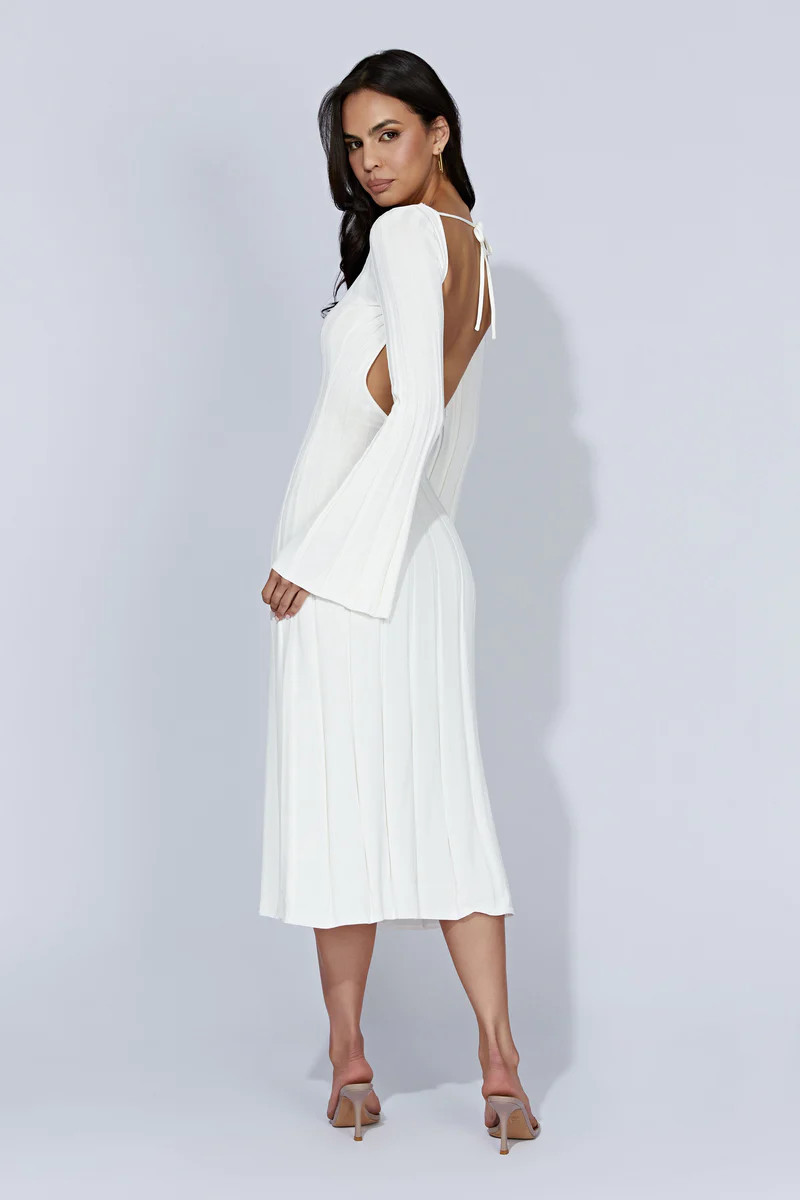Juniper Flare Sleeve Knit Midi Dress - White | MESHKI US