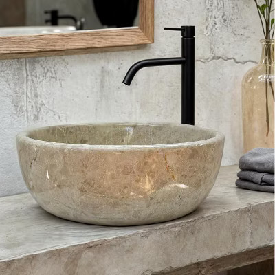 Beige Marble Vessel Sink – Handcrafted Round Bathroom Bowl, 16.1 Inch Polished Stone Basin, Durable and Elegant Design, Natural Marble Bathrooms | Target
