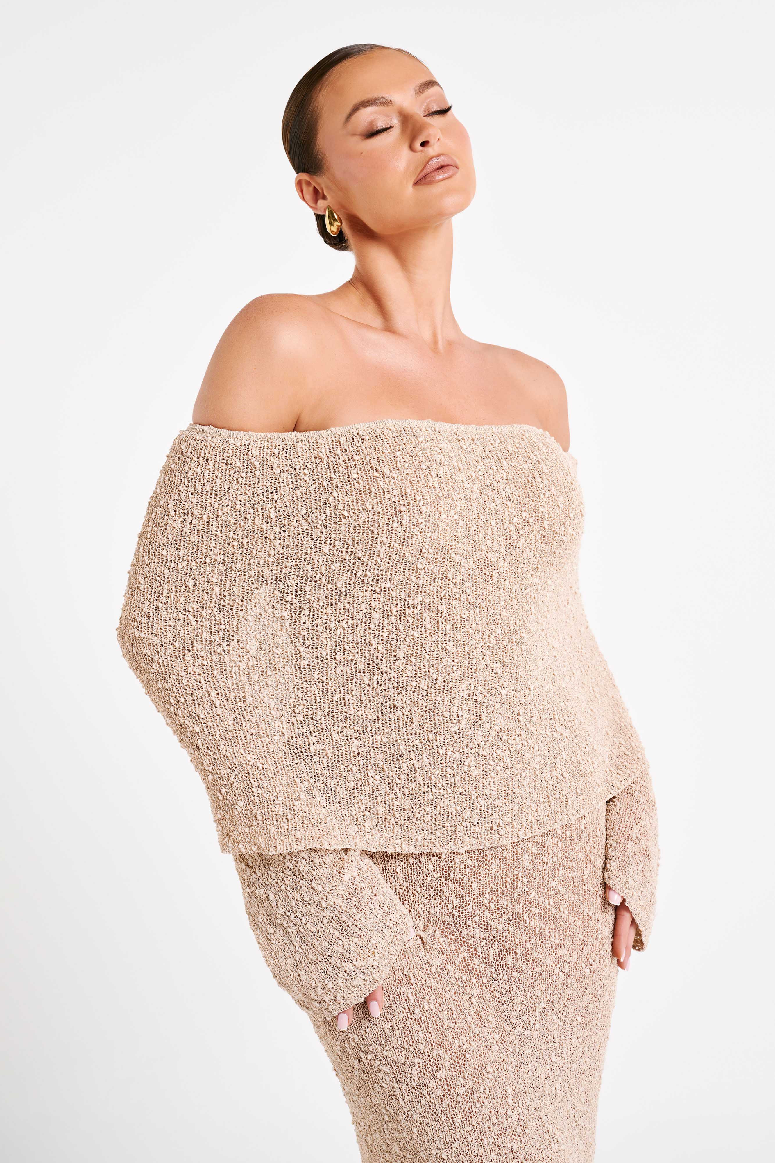 Marisol Off Shoulder Boucle Maxi Dress - Wheat | Meshki (APAC)