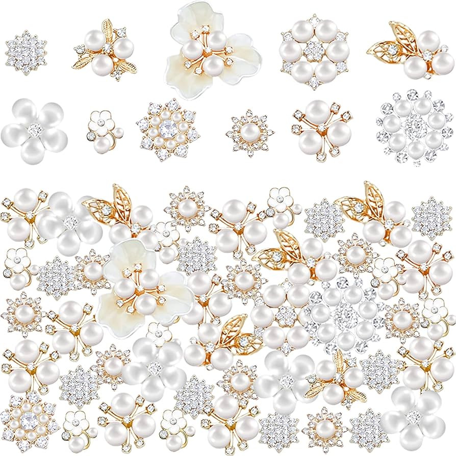 60 Pieces Rhinestone Buttons,Faux Pearl Embellishments Buttons,Flat Back Flower Rhinestone Button... | Amazon (US)