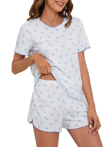 SOLY HUX Pajama Set for Women Cute Print Short Sleeve Tee and Shorts Lounge Sleepwear Blue and White Floral Small | Amazon (US)