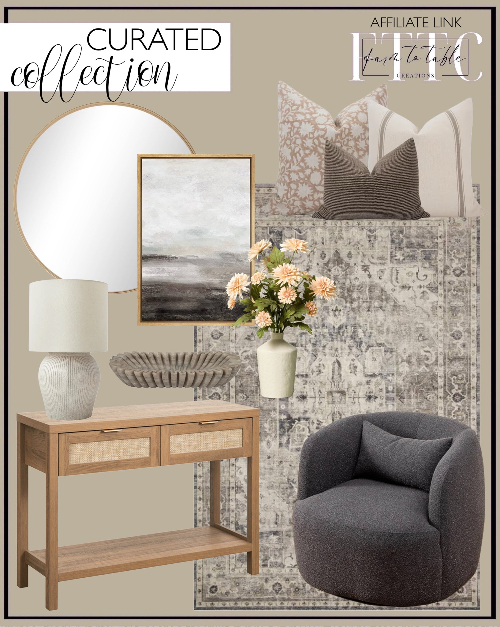 Curated Collection. Follow @farmtotablecreations on Instagram for more inspiration.

Console Table Rattan Drawers. Loloi II Hathaway Collection Steel/Ivory Rug. 34" Wide Boucle Swivel Barrel Chair. Abstract Framed Wall Art. Better Homes & Gardens 21" Raw Sand Table Lamp with Shade by Dave & Jenny Marrs. Neutral Pillow Cover Set Block Print Pillow Combo Muted Brown Floral Pillow Cover Farmhouse Pillows Spring Pillow Combo Modern Pillow Combo. Gold Frame Round Mirror. 21" Faux Orange Daisy Flower Arrangement. 
Marble Decorative Bowl. 

Living Room | Bedroom Furniture | nightstands | Home Decor| Fireplace Decor | Spring Refresh |  Bedroom Finds | Neutral Stems | Spring Stems | Bookshelf Decor | Bedroom Space | Cozy Corner | Bathroom | Curated Entryway | Spring  Decor | End of Year Clearance | Trending Decor | Viral Decor | Amazon Holiday | Bedroom corner | Coffee Table Decor | Neutral Decor | Fall Stem Sale | Target Finds | Skinny Bench | Bedroom | Living Room | Breakfast Nook | Amazon Home | Target Sale | Loloi Rugs | Magnolia Home | console table | console table styling | faux stems | entryway space | front porch decor | neutral decor | entryway decor | cozy home | affordable decor |  home decor | home inspiration | console styling | entryway rug | cozy moody home | moody home decor | neutral home | bathroom decor | living room | spring decor | Hearth & Hand | Studio McGee




#LTKFindsUnder50 #LTKHome #LTKSaleAlert