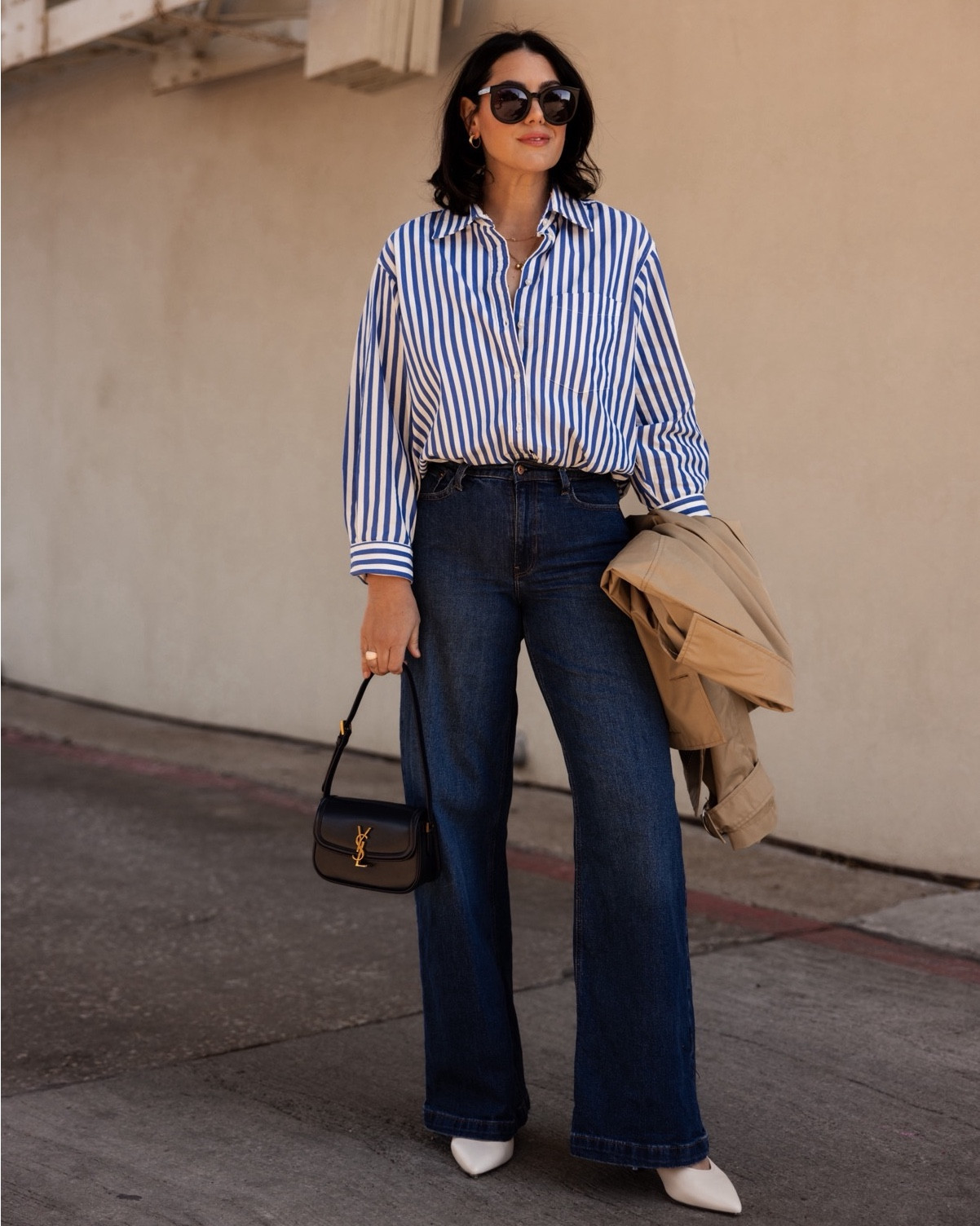 This shirt is from Gap and it's one of my favorites! It's 100% cotton and it's truly oversized! I'm in the medium here. USE CODE GREAT for 30% off at Gap!

I'm in the M/L in the trench -- it's a generous fit! 

I'm in the 30 regular length of the jeans -- some of my favorites right now! They fit like a glove. 

PS: my bag is borrowed! You can get a free bag next month at @Vivrelle vivrelle if you use my code KENDISKEEN!  

 #LTKOver40 #LTKMidsize