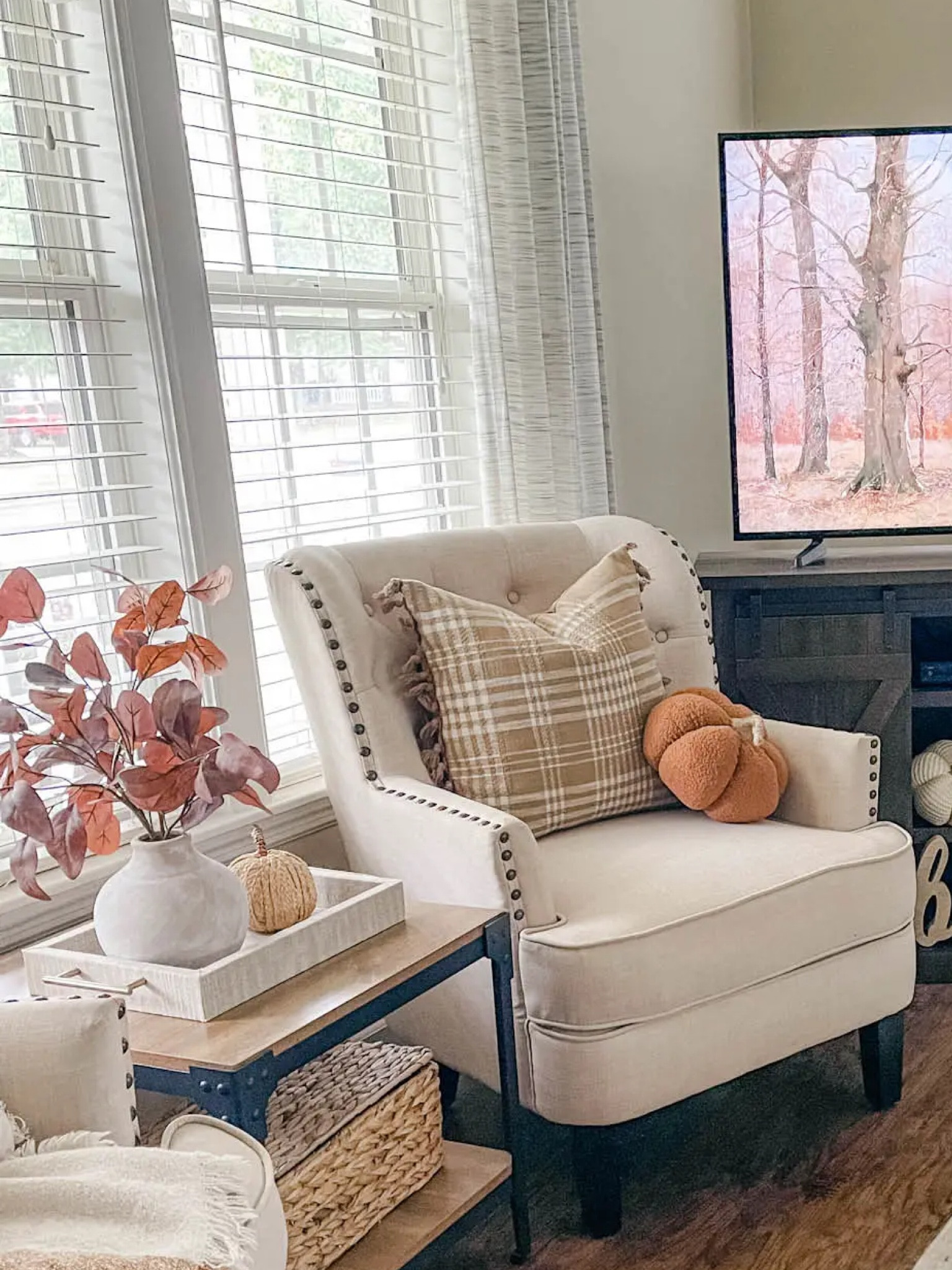 Fall eucalyptus arrangement, pumpkin pillow, plaid pillow, fall decor 

#LTKhome #LTKSeasonal